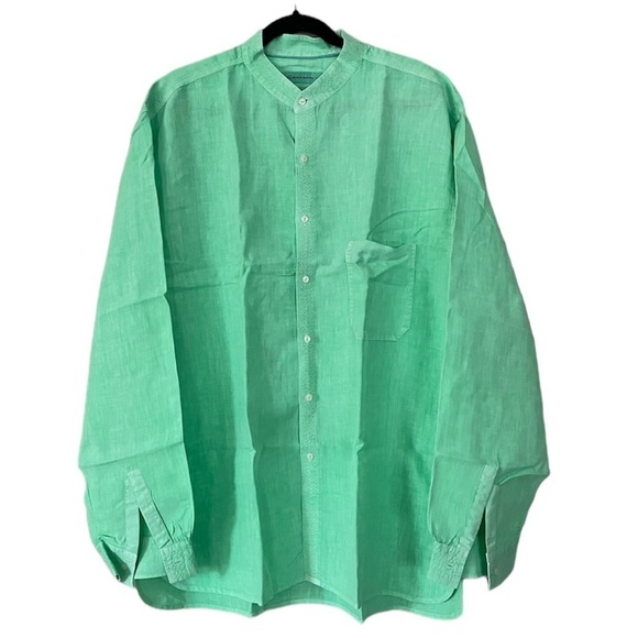 Europann Green linen Mandarin collar button down shirt size XL - Picture 1 of 8